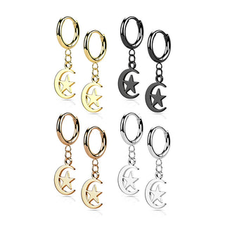 Earring 316L Hinged Hoop Earring Moon and Star Dangle 1 Pair Clicker