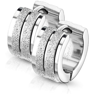 Hoop Earring 316L Sandblasted Grooved Line Stepped Edges Hinged Hoop Earrings 1 Pair