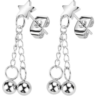 Stud Earring 316L Stud Earrings Hand Polished Star 2 Chain Ball Dangles 1 Pair