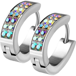 Earring 316L Lined Set Crystals Front Oval Shape Hoop Huggie Earrings 1 Pair Clicker