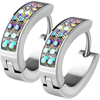 Earring 316L Lined Set Crystals Front Oval Shape Hoop Huggie Earrings 1 Pair Clicker