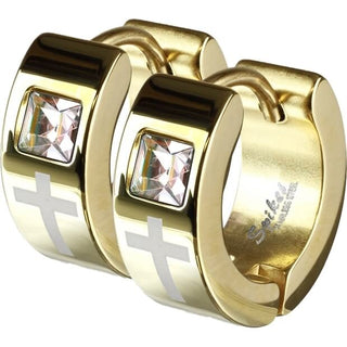 Earring 316L IP Earrings Laser Etched Cross Single Square Gem 1 Pair Clicker