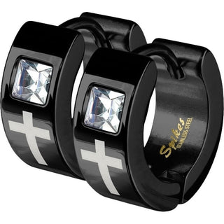 Earring 316L IP Earrings Laser Etched Cross Single Square Gem 1 Pair Clicker