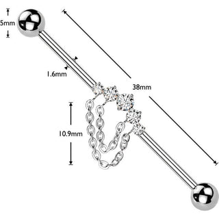 Titanium Industrial Barbell 5 cubic zirconia double chain Internally Threaded