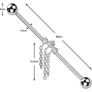 Titanium Industrial Barbell 3 cubic zirconia triple chain dangle Internally Threaded