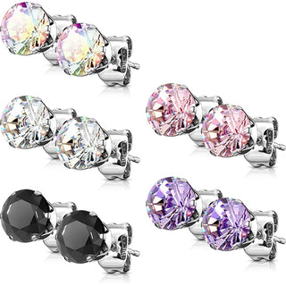 Stud Earring 316L Stud Earrings Pack Mixed Colors Round Cubic Zirconia Prong Setting, 5 s pairs