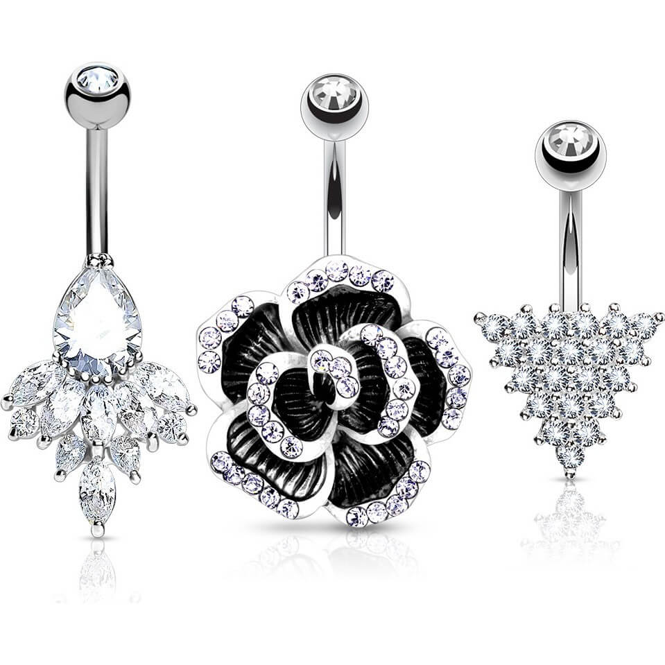 Bauchnabelpiercing Set Zirkonia, 3 Stück – PiercingXXL