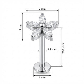 Titan Labret Kristallblüte mit Marquise Blättern Innengewinde