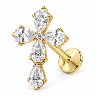 Titanium Labret Pear Cut Zirconia Cross Internally Threaded