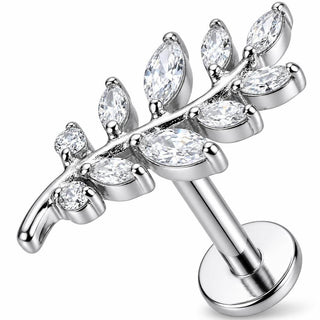 Titanium Labret Curved Crystal Fern Leaf Branch Internally Threaded