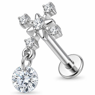 Titanium Labret Crystal Cross With Dangle Drop Internally Threaded