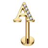 Titanium Labret Initial Letter With Stones Internally Threaded Gold