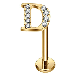 Titanium Labret Initial Letter With Stones Internally Threaded Gold