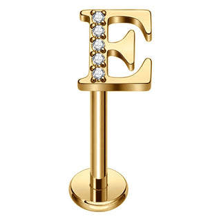 Titanium Labret Initial Letter With Stones Internally Threaded Gold