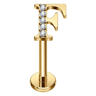 Titanium Labret Initial Letter With Stones Internally Threaded Gold