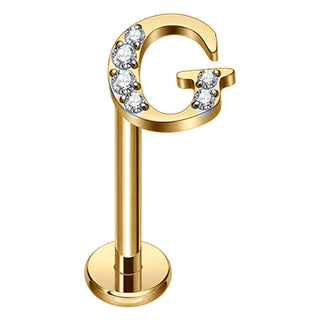 Titanium Labret Initial Letter With Stones Internally Threaded Gold