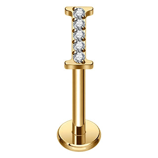 Titanium Labret Initial Letter With Stones Internally Threaded Gold