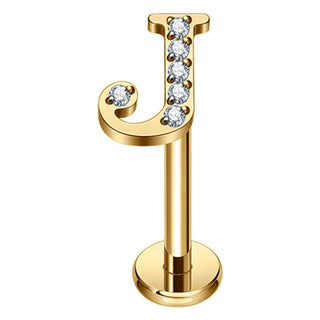 Titanium Labret Initial Letter With Stones Internally Threaded Gold