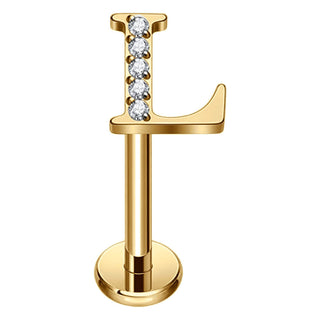 Titanium Labret Initial Letter With Stones Internally Threaded Gold