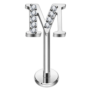 Titanium Labret Initial Letter With Stones Internally Threaded Silver