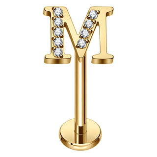 Titanium Labret Initial Letter With Stones Internally Threaded Gold