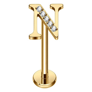 Titanium Labret Initial Letter With Stones Internally Threaded Gold