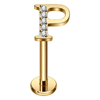 Titanium Labret Initial Letter With Stones Internally Threaded Gold