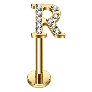 Titanium Labret Initial Letter With Stones Internally Threaded Gold
