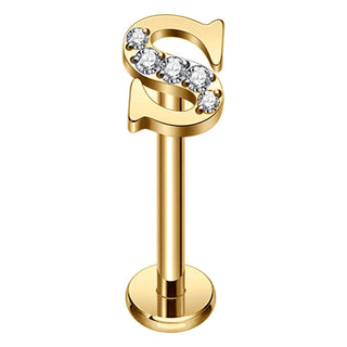 Titanium Labret Initial Letter With Stones Internally Threaded Gold