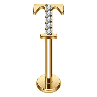 Titanium Labret Initial Letter With Stones Internally Threaded Gold