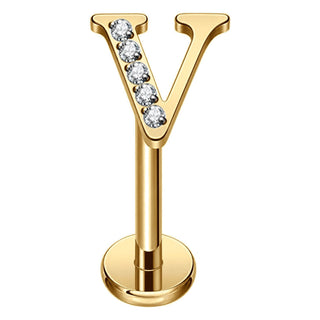 Titanium Labret Initial Letter With Stones Internally Threaded Gold