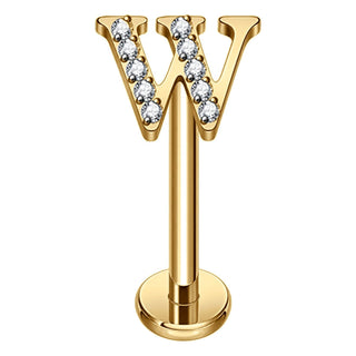 Titanium Labret Initial Letter With Stones Internally Threaded Gold