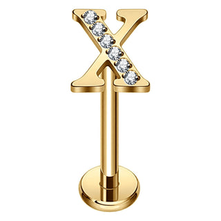 Titanium Labret Initial Letter With Stones Internally Threaded Gold