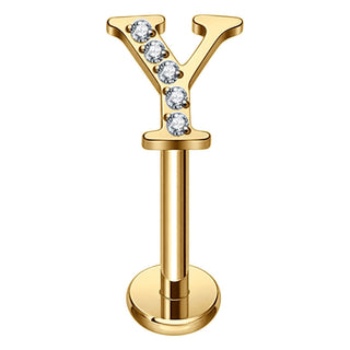 Titanium Labret Initial Letter With Stones Internally Threaded Gold