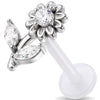Titanium Labret Flower And Leaves With Stones Internally Threaded