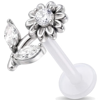 Titanium Labret Flower And Leaves With Stones Internally Threaded